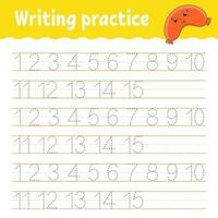 Learn Numbers. Trace and write. Handwriting practice. Learning numbers for kids. Education developing worksheet. Color activity page. Isolated vector illustration in cute cartoon style.