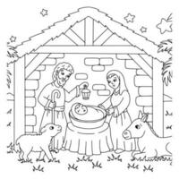 Nativity scene. Coloring book page for kids. Cartoon style character. Vector illustration isolated on white background.