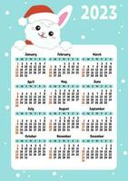 Color calendar for 2023 with a cute character rabbit. Week starts on Sunday. Fun and bright design. cartoon style. Vector illustration.