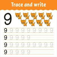 Learn Numbers. Trace and write. Handwriting practice. Learning numbers for kids. Education developing worksheet. Color activity page. Vector illustration.