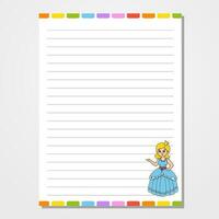 Sheet template for notebook, notepad, diary. Lined paper. Cute character. With a color image. cartoon style. Vector illustration.