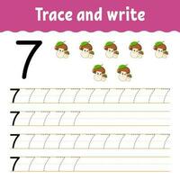 Learn Numbers. Trace and write. Handwriting practice. Learning numbers for kids. Education developing worksheet. Color activity page. Vector illustration.