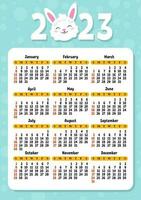 Color calendar for 2023 with a cute character rabbit. Week starts on Sunday. Fun and bright design. cartoon style. Vector illustration.