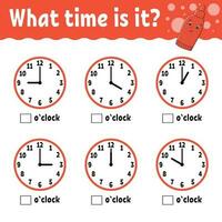 Learning time on the clock. Educational activity worksheet for kids and toddlers. Game for children. Simple flat isolated color vector illustration in cute cartoon style.