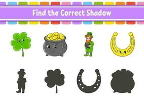 Find the correct shadow. Education developing worksheet. Matching game for kids. Color activity page. Puzzle for children. Cute character. Vector illustration.