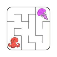 Simple square maze for toddlers. With cute cartoon characters. Isolated on white background. Vector illustration.