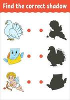 Find the correct shadow. Education developing worksheet. Matching game for kids. Color activity page. vector