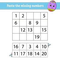 Paste the missing numbers 1-20. Game for children. Handwriting practice. Learning numbers for kids. Education developing worksheet. Activity page. Isolated vector illustration in cute cartoon style.