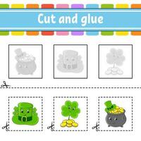 Cut and glue. Game for kids. Education developing worksheet. Color activity page. cartoon character. St. Patrick's day. vector