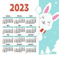 Color calendar for 2023 with a cute character rabbit. Week starts on Sunday. Fun and bright design. cartoon style. Vector illustration.