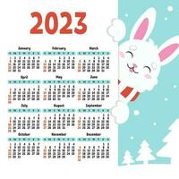 Color calendar for 2023 with a cute character rabbit. Week starts on Sunday. Fun and bright design. cartoon style. Vector illustration.