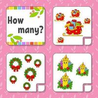 Counting game for children. Happy characters. Learning mathematics. How many object in the picture. Education worksheet. Christmas theme. Isolated vector illustration in cute cartoon style.