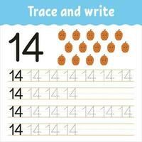 Learn Numbers. Trace and write. Handwriting practice. Learning numbers for kids. Education developing worksheet. Color activity page. Vector illustration.