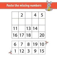 Paste the missing numbers 1-20. Game for children. Handwriting practice. Learning numbers for kids. vector