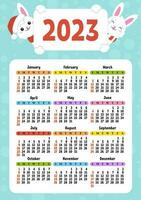 Color calendar for 2023 with a cute character rabbit. Week starts on Sunday. Fun and bright design. cartoon style. Vector illustration.