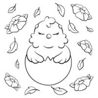 Coloring book page for kids. Cute sleeping chicken. Easter theme. Cartoon style character. vector