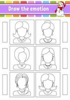 Draw the emotion. Worksheet complete the face. Coloring book for kids. Cheerful character. Vector illustration. Black contour silhouette. Vector illustration.