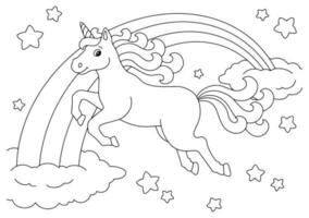 A beautiful unicorn flies across the starry sky. Coloring book page for kids. Fairytale sky with rainbow, stars and clouds. Cartoon style character. Vector illustration isolated on white background.