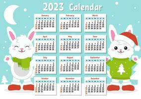 Color calendar for 2023 with a cute character rabbit. Week starts on Sunday. Fun and bright design. cartoon style. Vector illustration.