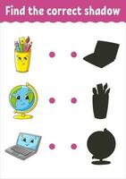 Find the correct shadow. Education developing worksheet. Matching game for kids. Color activity page. Puzzle for children. Cute character. Vector illustration.