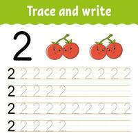Learn Numbers. Trace and write. Handwriting practice. Learning numbers for kids. Education developing worksheet. Color activity page. Isolated vector illustration in cute cartoon style.