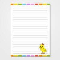 Sheet template for notebook, notepad, diary. Lined paper. Cute character. Easter theme. Isolated vector illustration. cartoon style.