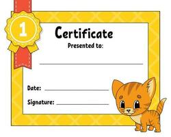 Certificate template for kids. Colorful school and preschool diploma. With cute character. Vector illustration.