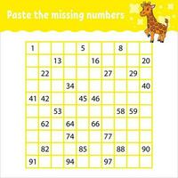 Paste the missing numbers from 1 to 100. Handwriting practice. Learning numbers for kids. Education developing worksheet. Activity page. Isolated vector illustration in cute coon style.