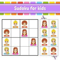 sudoku para niños. hoja de trabajo de desarrollo educativo. página de actividades con imágenes. juego de rompecabezas para niños. entrenamiento del pensamiento lógico. personaje divertido ilustración vectorial vector