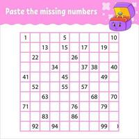 Paste the missing numbers from 1 to 100. Handwriting practice. Learning numbers for kids. Education developing worksheet. Activity page. Isolated vector illustration in cute cartoon style.