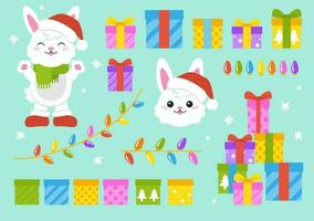 Cartoon character christmas rabbit. Colorful vector illustration. Isolated on color background. Design element. Template for your design, books, stickers, cards.