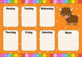 School schedule. Timetable for schoolboys. Empty template. Weekly planer with notes. Isolated color vector illustration. cartoon character.