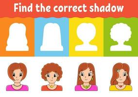 Find the correct shadow. Education worksheet. Matching game for kids. Color activity page. Puzzle for children. cartoon character. Vector illustration.