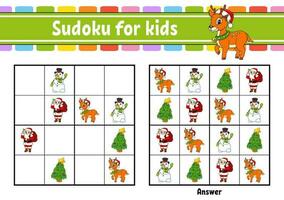 Sudoku for kids. Education developing worksheet. cartoon character. Color activity page. Puzzle game for children. Logical thinking training. Vector illustration.