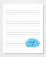 Sheet template for notebook, notepad, diary. Lined paper. With cute character. Cartoon style. Vector illustration.