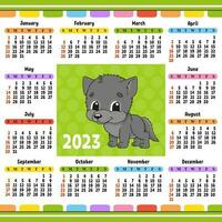 calendario para 2023 con un lindo personaje. diseño divertido y brillante. ilustración de vector de color aislado. estilo de dibujos animados