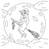 A young witch flies on a broomstick at night. Coloring book page for kids. Cartoon style character. Vector illustration isolated on white background. Halloween theme.