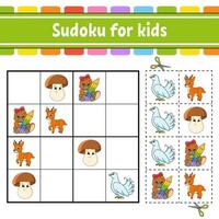 sudoku para niños. hoja de trabajo de desarrollo educativo. página de actividades con imágenes. juego de rompecabezas para niños. entrenamiento del pensamiento lógico. ilustración vectorial aislada. personaje divertido. estilo de dibujos animados. vector