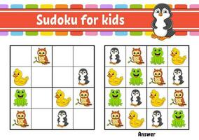 sudoku para niños. educación desarrollando hoja de cálculo. dibujos animados personaje. color actividad página. rompecabezas juego para niños. vector