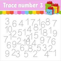 Trace number . Handwriting practice. Learning numbers for kids. Education developing worksheet. Activity page. Christmas theme. Isolated vector illustration in cute cartoon style.