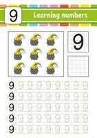 Trace and write numbers. Handwriting practice. Learning numbers for kids. Education developing worksheet. Activity page. Vector illustration.