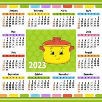 calendario para 2023 con un lindo personaje. diseño divertido y brillante. ilustración de vector de color aislado. estilo de dibujos animados