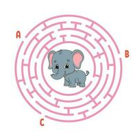 Circle maze. Game for kids. Puzzle for children. Round labyrinth conundrum. Color vector illustration. Find the right path. Education worksheet.