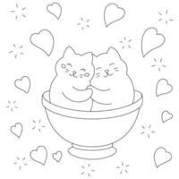 gatos enamorados en una taza. página de libro para colorear para niños. día de San Valentín. personaje de estilo de dibujos animados. ilustración vectorial aislado sobre fondo blanco. vector
