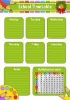 School timetable with multiplication table. For the education of children. Isolated on a white background. vector