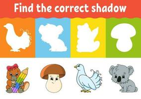 Find the correct shadow. Education worksheet. Matching game for kids. Color activity page. Puzzle for children. cartoon character. Isolated vector illustration.