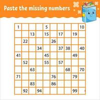 Paste the missing numbers from 1 to 100. Handwriting practice. Learning numbers for kids. Education developing worksheet. Activity page. Vector illustration.