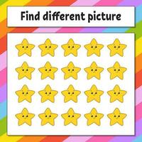 Find different picture. Educational activity worksheet for kids and toddlers. Game for children. Vector illustration.