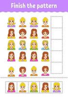 Finish the pattern. Cut and play. Education developing worksheet. Activity page. cartoon character. Vector illustration.