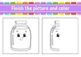 Finish the picture and color. cartoon character isolated on white background. For kids education. Activity worksheet. Vector illustration.